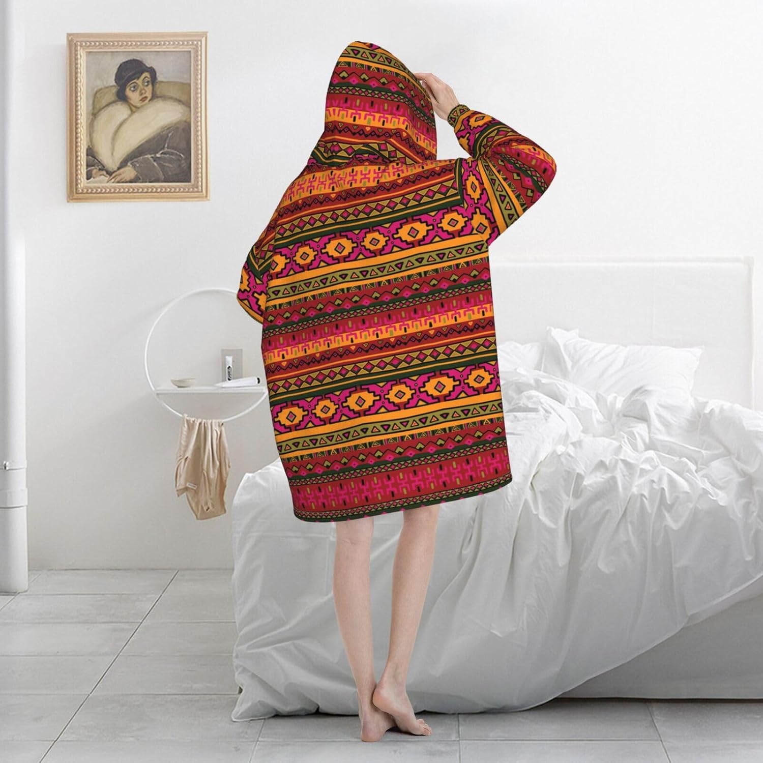 Mexican Folk Art Boho Print Blanket Hoodie Fleece Sweatshirt Blanket With Sleeves And Pockets