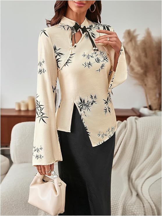 SweatyRocks Women's Chinese Cheongsam Top Floral Print Mock Neck Flare Long Sleeve Split Blouses