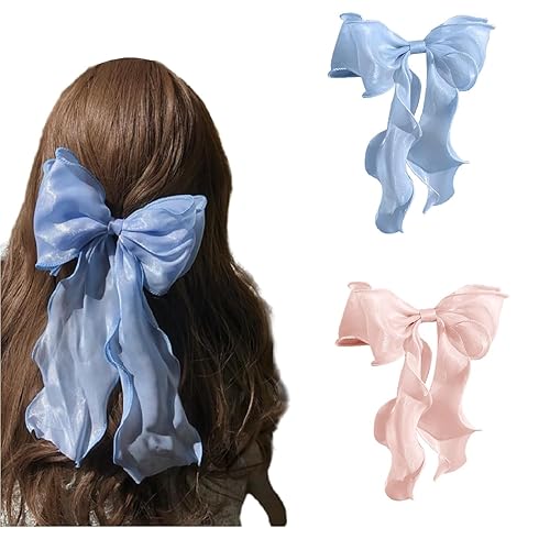 papasgix Pinzas para el cabello lazos de cinta de seda en colores sólidos para mujeres y niñas (2, azul+rosa)