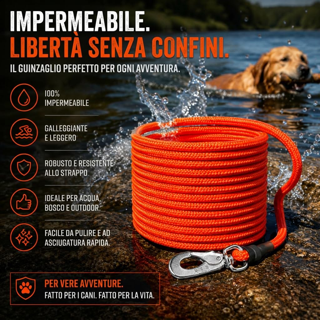 Guinzaglio galleggiante per cani, senza cinturino da polso, 10 m, arancione brillante, robusto guinzaglio da campo con moschettone girevole, carico di trazione 230 kg, guinzaglio da addestramento per