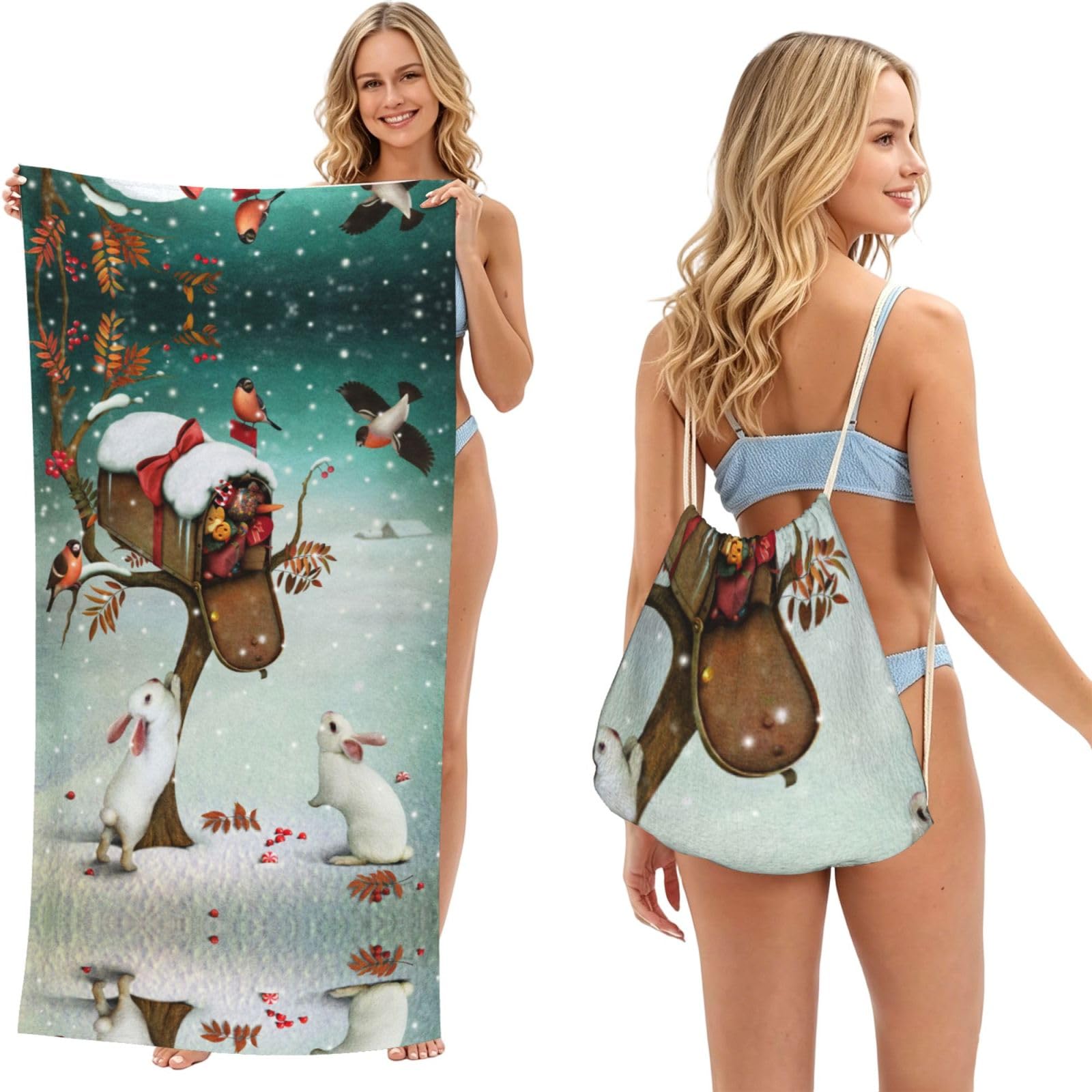 ESNAIUVCD Christmas Rabbit Bunny Print Beach Towel For Adults,Towel With Drawstring Bag, Travel Pool Swimming Sports Shower Sand Free Quick Dry Bath Towel For Pool, Beach, Yoga- 180x60cm