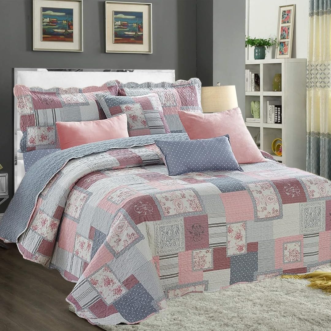 ZIYA HOMES King Size Quilted Patchwork Bedspread Comforter Bed Throw with Pillow Sham Coverlet Bedding Set Reversible Cotton Bedsheet Non Allergic Machine Washable Duvet Set 3 Piece