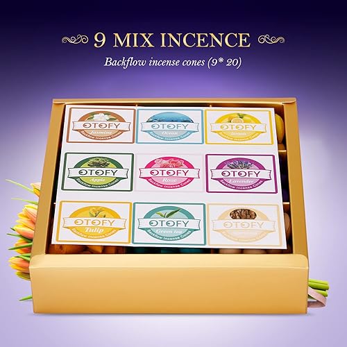 Miniatura 4 de OTOFY Conos de incienso de reflujo, 180 piezas de aromas 100% naturales para trabajos a mano, cascada, incienso, rosa, tulipán, jazmín, lavanda,