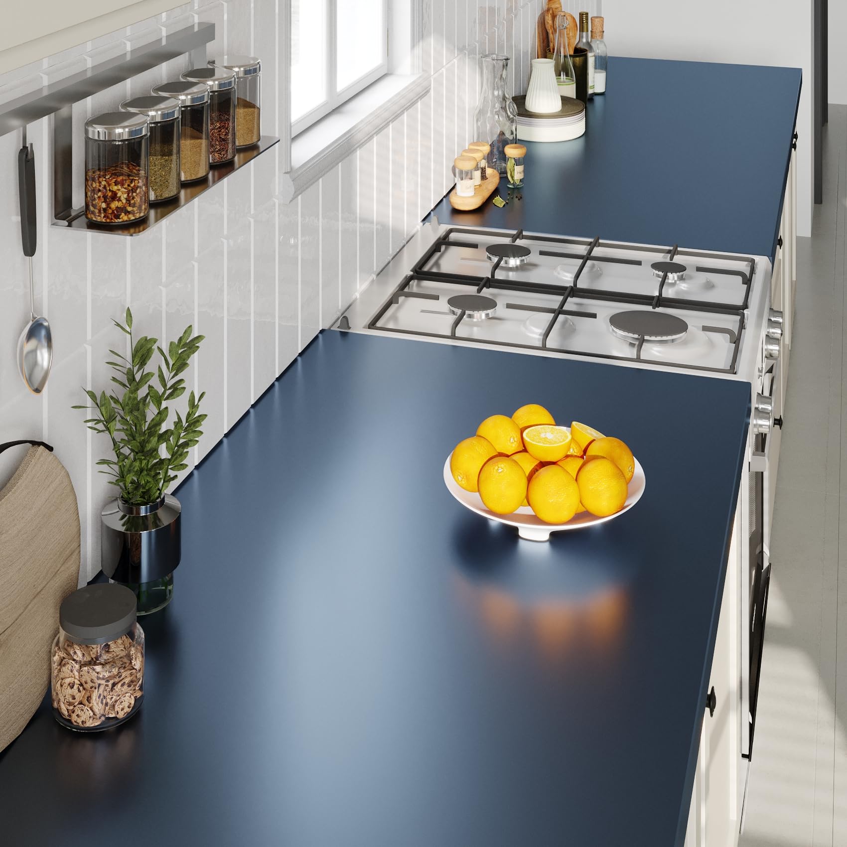 FunStick 60CMx5M Papel Adhesivo para Muebles Cocina Azul Vinilo Adhesivo Color Metalico Papel Pintado para Armarios Refrigeradores Impermeable Vinilo Pared Azul Dormitorio Vinilos Encimera Mesa Cocina