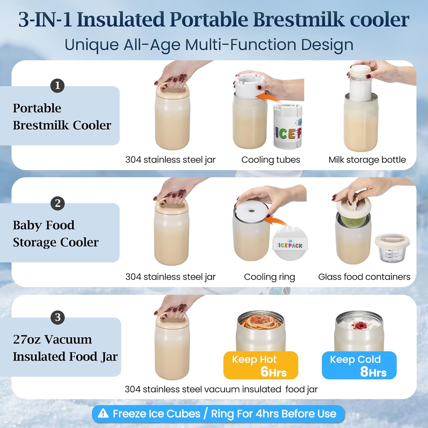 3-in-1 Breast Milk Cooler for 24H 360° Cooling, 11oz Breastmilk Chiller with Bottle & 8oz Baby Food Containers & 27oz Insulated Food Jar, Fits from Baby to Adult for Outdoor, Work & Travel - Mocha