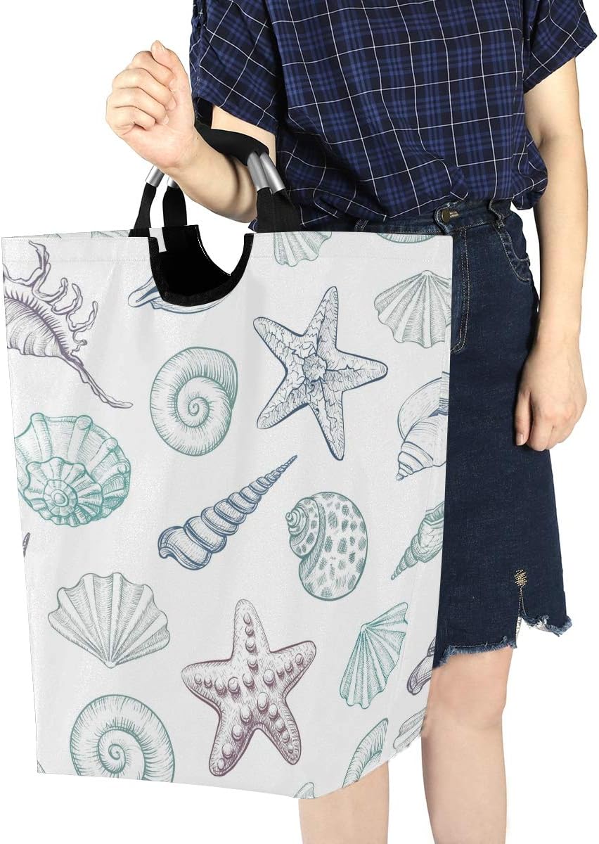 Shell Stars Coastal Starfish Seashell Large Laundry Basket Ocean Creature Collapsible Laundry Hamper with Handles Waterproof Durable Clothes Washing Bin Dirty Baskets Storage for Home College Dorm