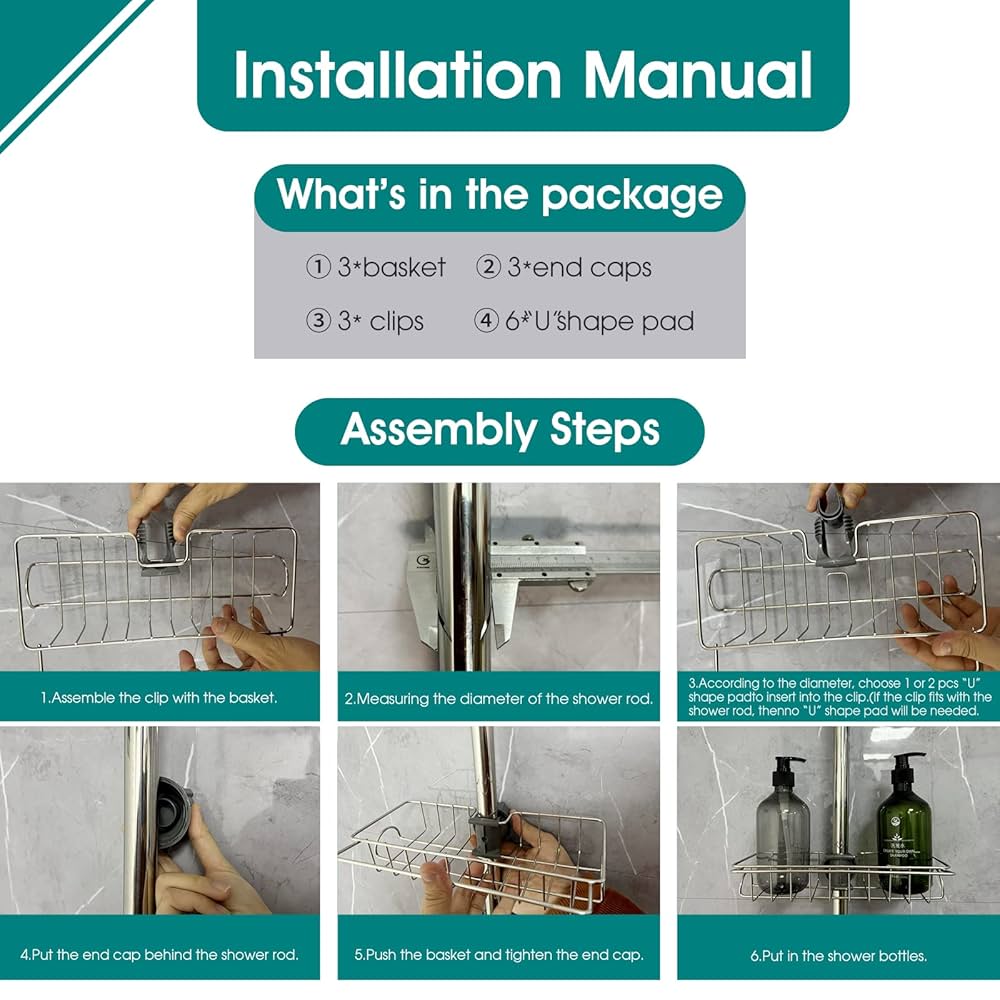 3 Portasapone Per Asta Doccia - Inox, Senza Foratura, Per Diametri 18-27mm, Antiruggine