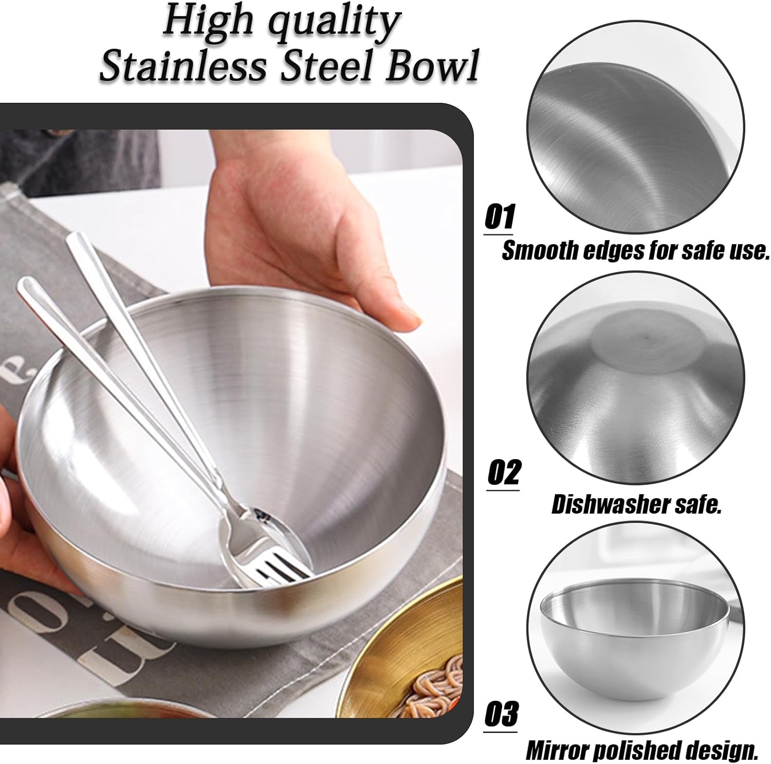 Huakaile 5 Pack 25 Oz Stainless Steel Bowl Set, Heat Insulated Metal Soup Bowls, Matte Finish Cereal Bowls for Rice Salad Noodle Snack Cooking Kitchen Ice Cream Serving Mixing Prep (Silver)