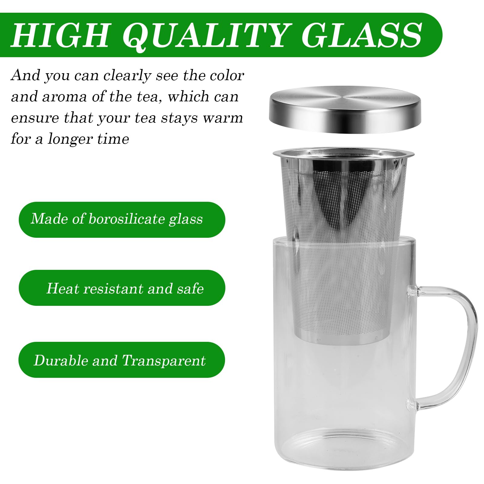 2 Vasos de Té con Tapa y Colador de Cristal, 500 ml, Resistente al Calor con Mango, Para Preparar Té y Té Perfumado