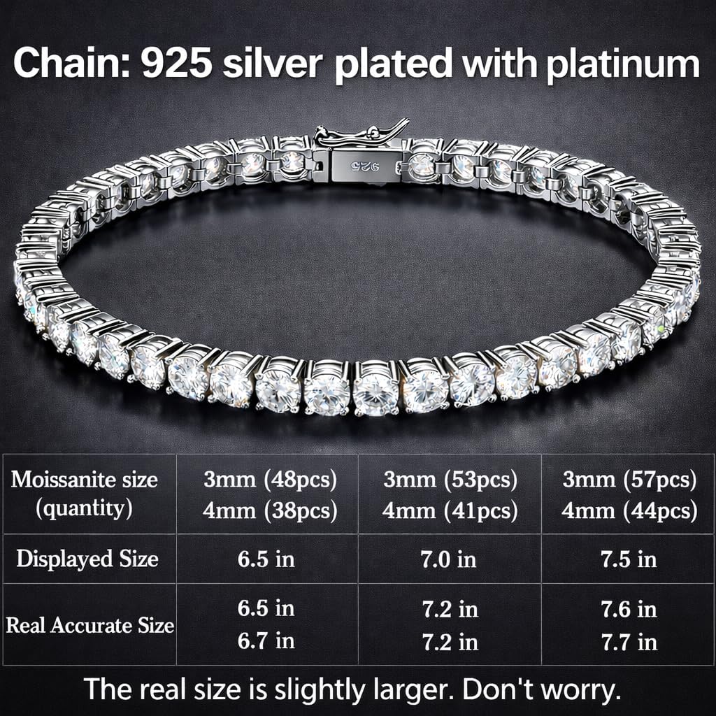 Moissanite Tennis Bracelet For Women S925 Silver Jewelry, Luxury Silver Bracelets Gifts For Couples Sister Girlfriend Wife 6.5'-7.5' Length
