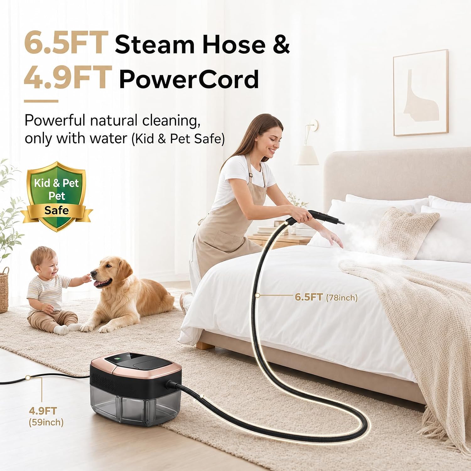 Steam Cleaner, 3-Level Adjustable Pressurized Steam Cleaner for Home, 15s Heat-Up Handheld Steamer for Cleaning, 1.9 Qt Tank Portable Steam Cleaner for Car, Tile, Grout
