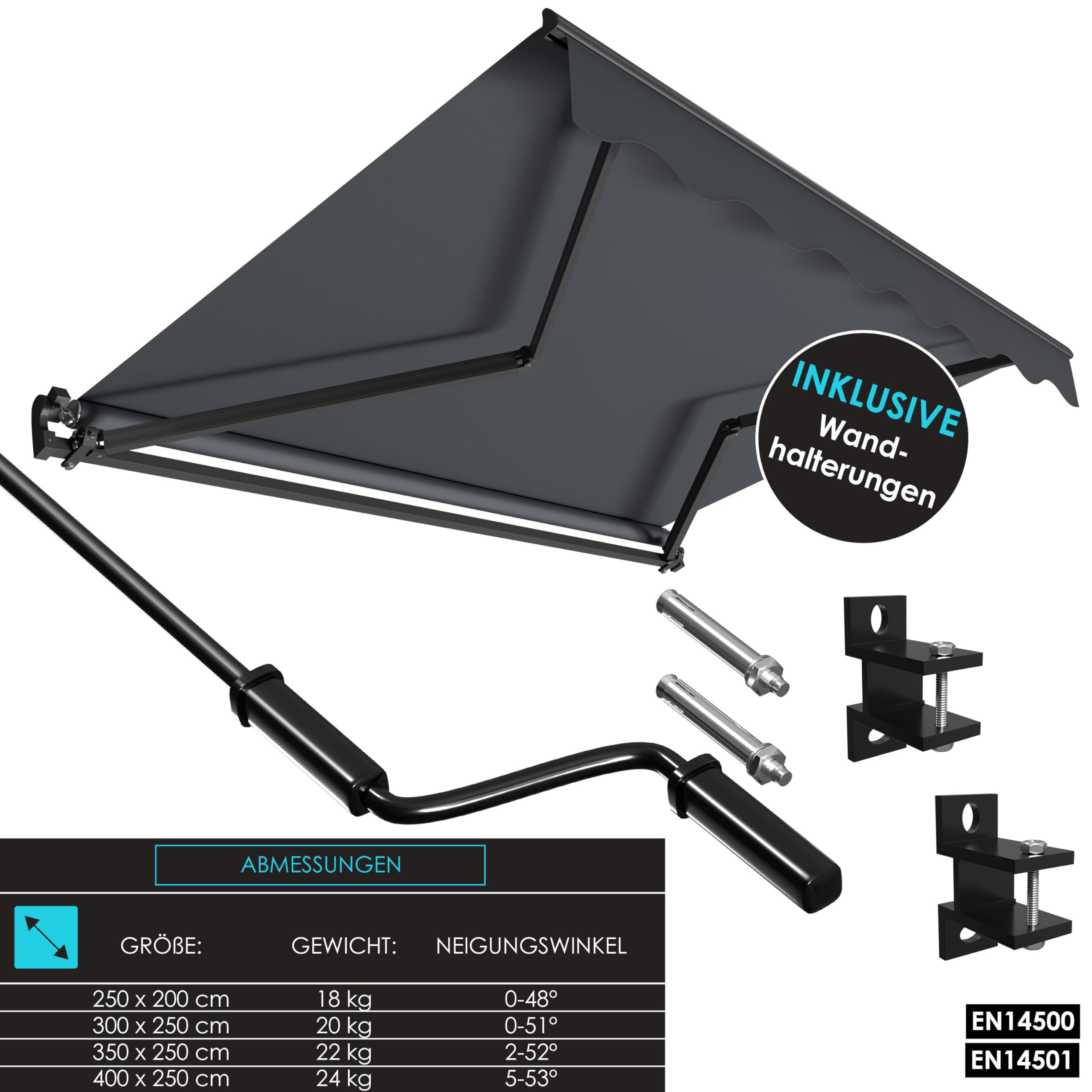 KESSER® Gelenkarmmarkise Vormontiert Markise Gelenkmarkise 300 x 250 cm Terrassenmarkise Sonnenmarkise inkl. Wandhalterung Sonnenschutz Balkonmarkise wasserabweisend Alu/Polyester Anthrazit