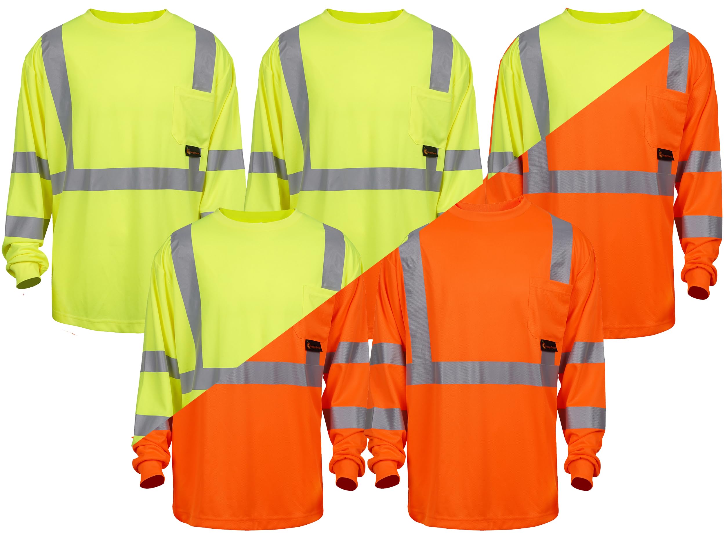 OrangeGear® Class 3 Long Sleeve High Visibility Reflective Moisture Wicking Orange T-Shirt - Large (5 Pack)