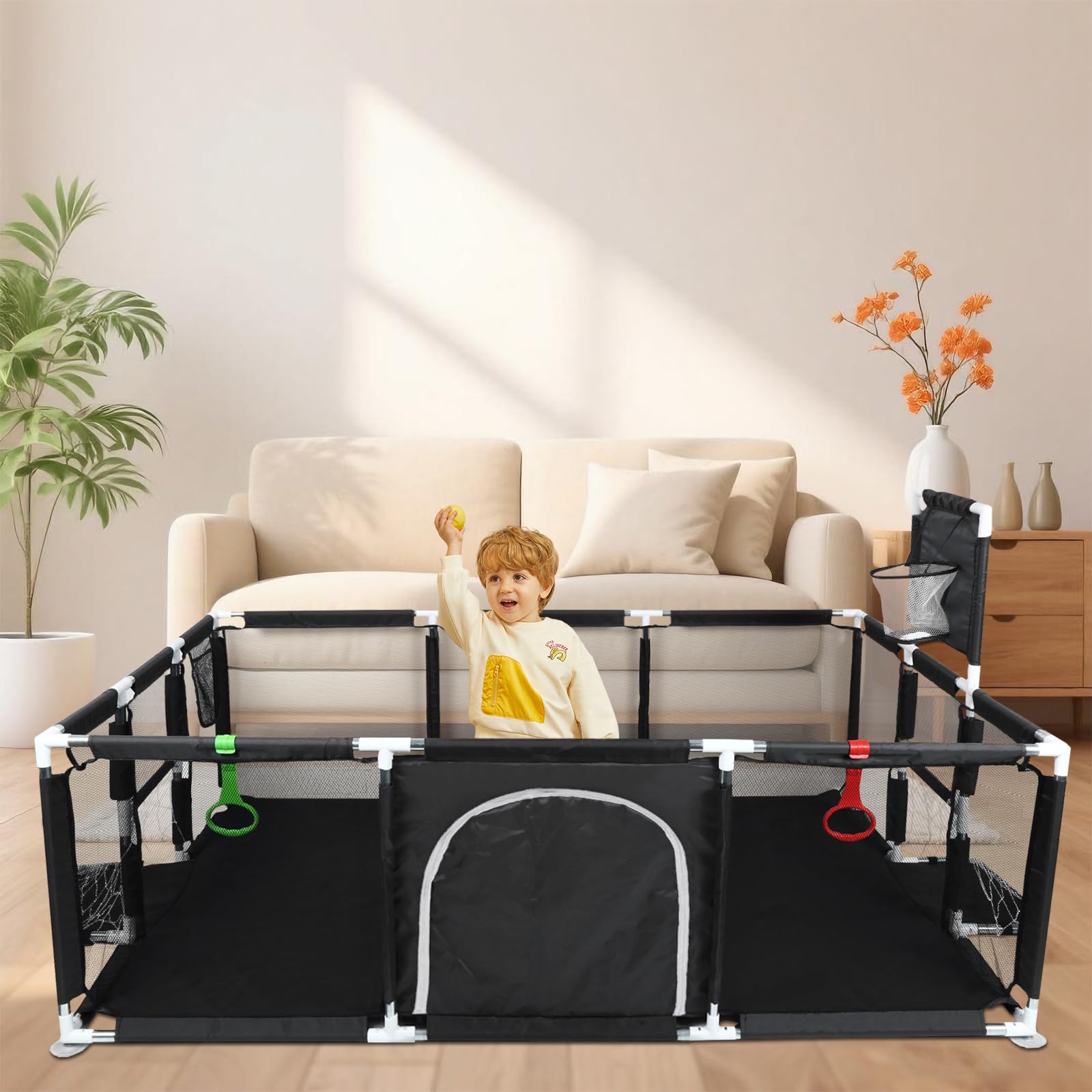 Parc Bebe 180X120X66 cm, 1 ballon de football + 1 ballon de basket + 1 pompe + 2 anneaux de traction + 4 ventouses gris foncé，parc bebe pliable，parc enfant (noir)