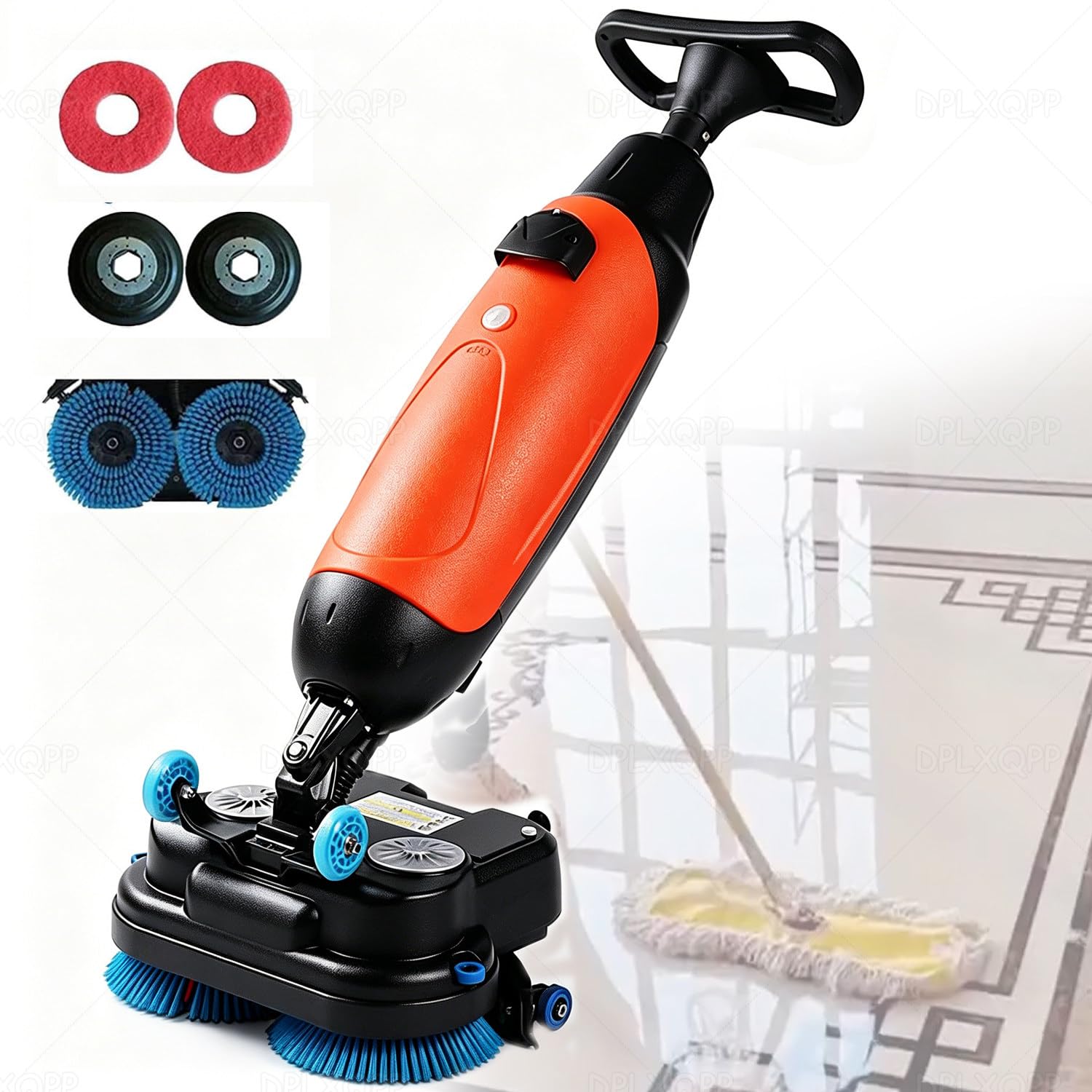 DPLXQPP Cordless Floor Scrubber with 90-120min Runtime,250w*2 Brushless Motors Automatic Floor Scrubber,Walk-Behind Tile Floor Cleaner Lightweight 40lbs for Villa Office Restaurant Red