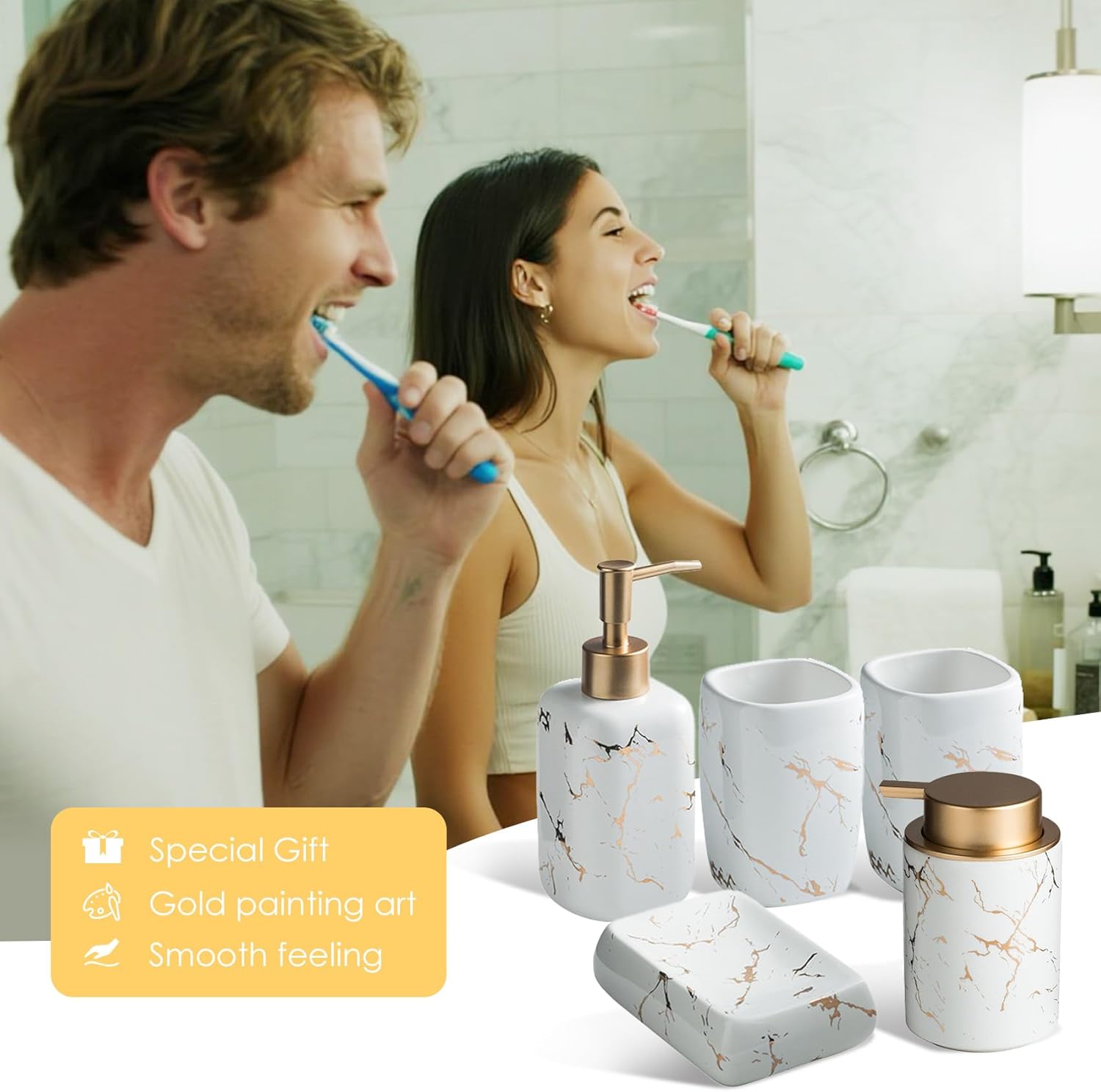 Bathroom Accessories Set, 5 Pieces of Ceramic and Gold Bathroom Accessories Set, foaming Dispenser, soap Dispenser, 2 mouthwash Cups, soap, Waterproof and Easy to Clean (White and Gold)