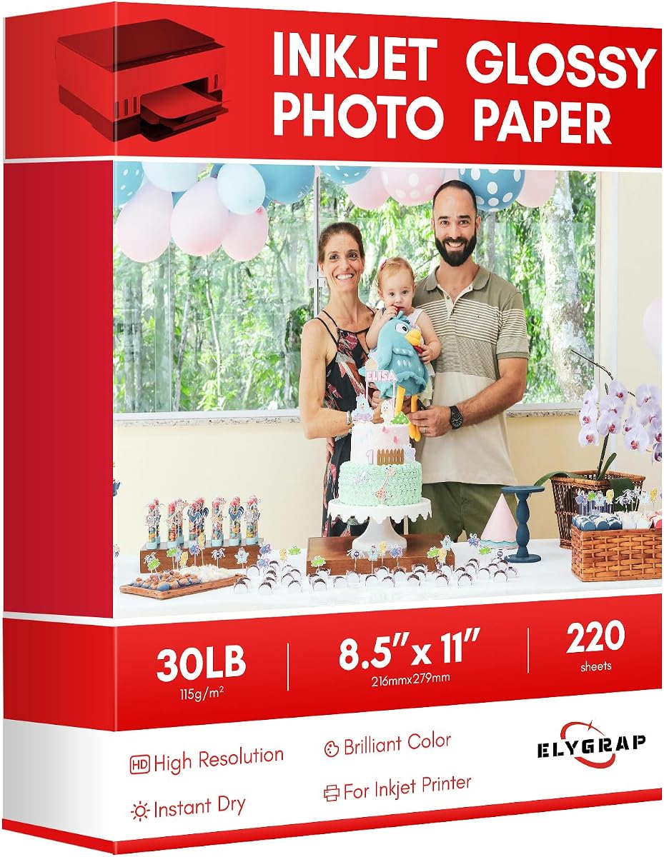 220Sheets Glossy Thin Inkjet Paper 115gsm 30Lb 8.5x11 Inches | for DIY Chip Bag and Print Brochure Flyer ,Compatible Inkje Printer and Dye ink