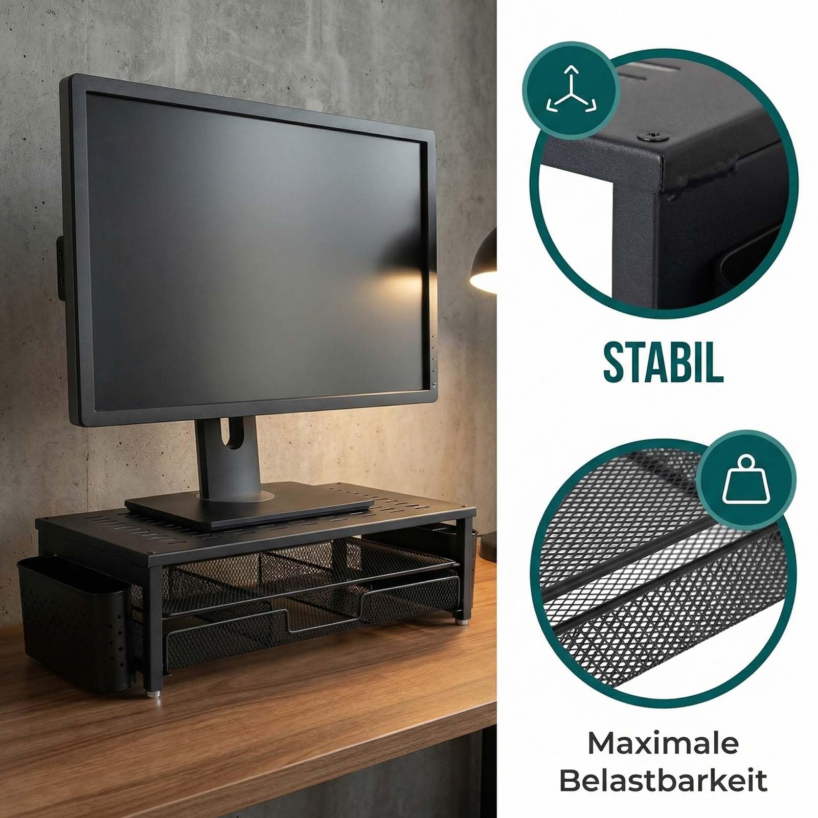 Podnośnik ekranu z szufladą i 2 uchwytami na długopisy – ergonomiczny organizer na biurko do monitorów i laptopów, stojak na akcesoria biurowe i system przechowywania do biura domowego