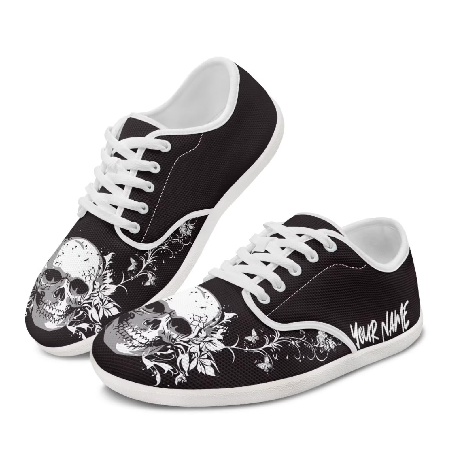 Pointodoor Custom Barefoot Shoes for Women Men Skull Minimalist Cross-Trainer Shoes Customized Name Wide Toe Walking Shoes Flower Zero Drop Sole Trail Running Sneakers Office Work Flats
