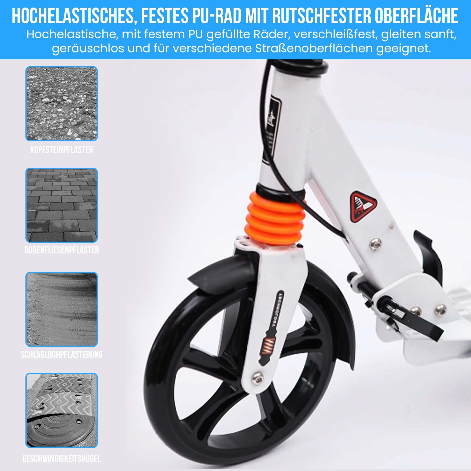 Habib Gruppe Patinete urbano para adultos, de aluminio no eléctrico, plegable, ruedas grandes de 200 mm, con doble suspensión, freno de mano regulable en altura, 100 kg de carga a partir de 14 años