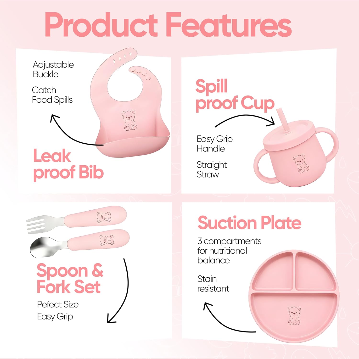 9-Piece Silicone Baby Feeding Set | Suction Bowl, Plate, Bib, Cup, Fork & Spoon | BPA-Free Food-Grade Silicone Baby Tableware | Baby-Led Weaning | Dishwasher (Pink)