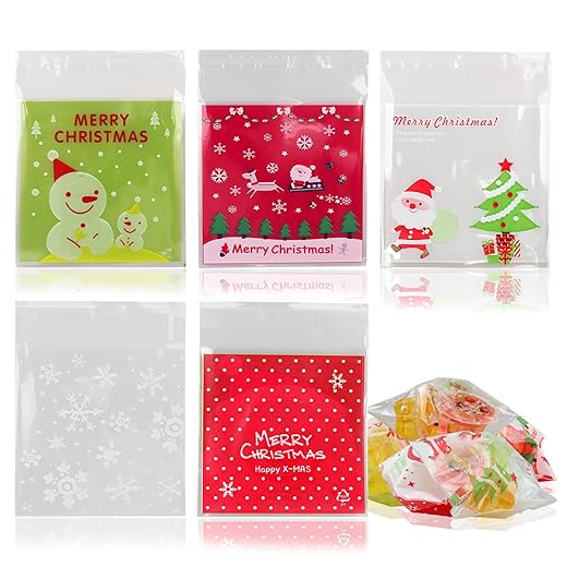 Lainrrew 500 Pcs Christmas Cookie Bags, Self Adhesive Candy Bags Xmas Clear Cellophane Treat Bags Plastic Cookie Biscuit Bags Gift Cello Bags for Christmas, Holiday, Party Favors (Mix 1)