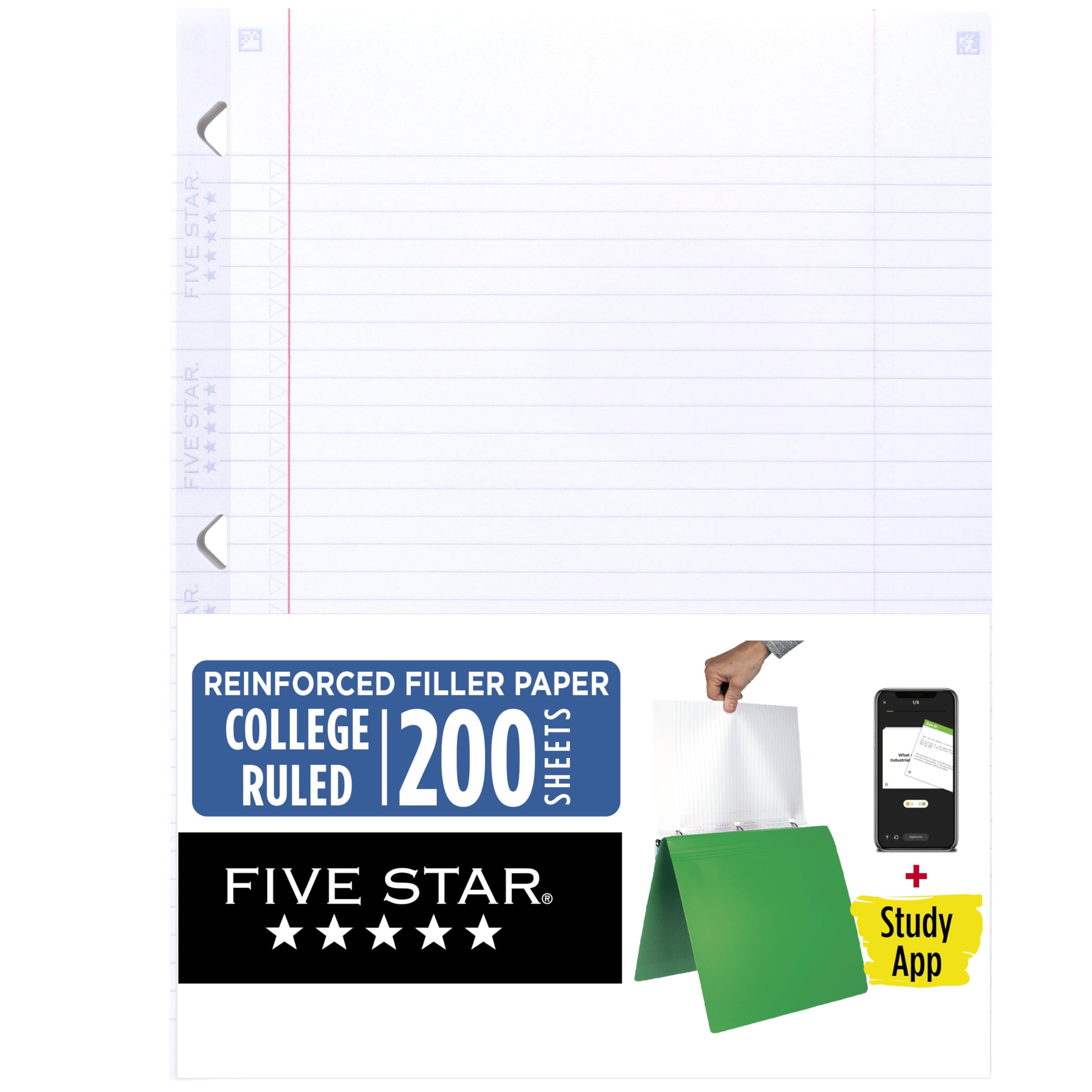 Five Star Loose Leaf Paper + Study App, College Ruled Filler Notebook Paper, Reinforced, Fights Ink Bleed, 8-1/2" x 11", 200 Sheets (170054-ECM)