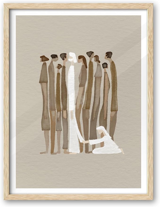OAK Wood Framed Wall Art, 12x16 in Woman Touches Jesus God Healing Christian Bible Canvas Art, Modern Bible Sketch Watercolor Scripture Decor, Beige Logs Set of 1 for Living Room Bedroom