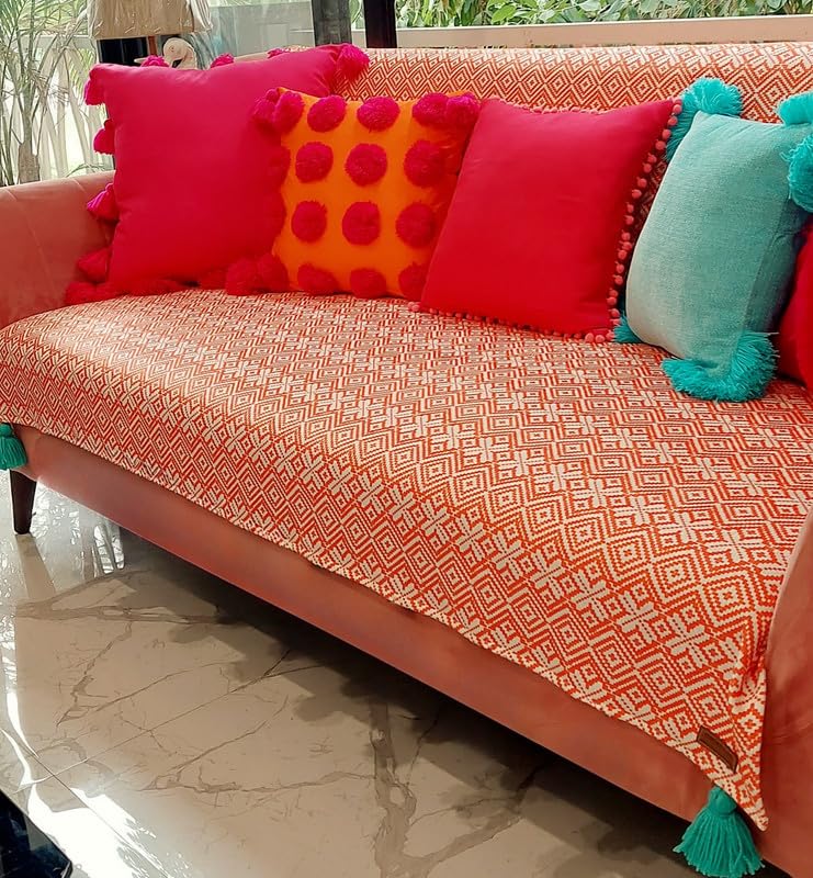 Image of Coral Orange Aztec LShape Sofa Cover for L-Shaped Sectional-Seat & Back Sofa Throw-3-Pc Set with 2 Seat Covers, 1 Back Cover & 2 Armrest Covers (5-Seater: 3-Seater + 2-Seater Lounger)