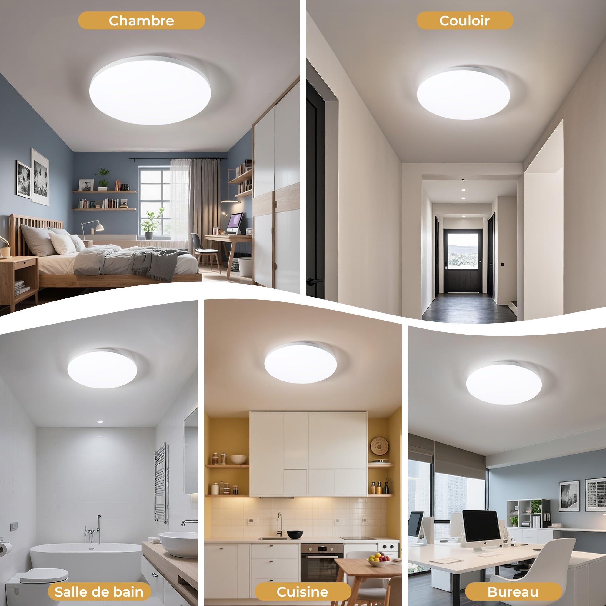 Plafonnier LED 32W Ø30cm IP44, Lumière Plafond Sans Scintillement 6000K, 1400LM Haute Efficacité Énergétique pour Salle de Bain, Cuisine, Salon - Design Ultra-Mince Moderne (Neutre)