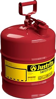 Justrite 5 Gallon Type I Red Safety Gas Can - Galvanized Steel, Flame Arrester, Self-Closing Lid, Made in USA, OSHA Compliant 7150100