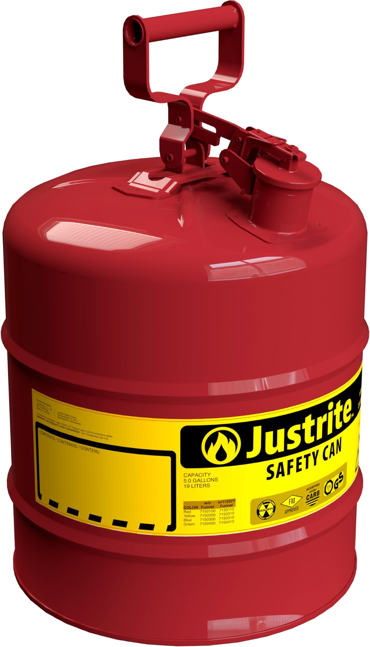 7150100 Type I Galvanized Steel Flammables Safety Can, 5 Gallon Capacity, Red