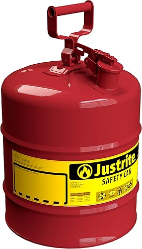 Justrite Bidón de Seguridad para Gas Rojo Tipo I de 5 Galones para Gasolina con Arrestallamas y Tapa de Cierre Automático, Fabricado en los Estados