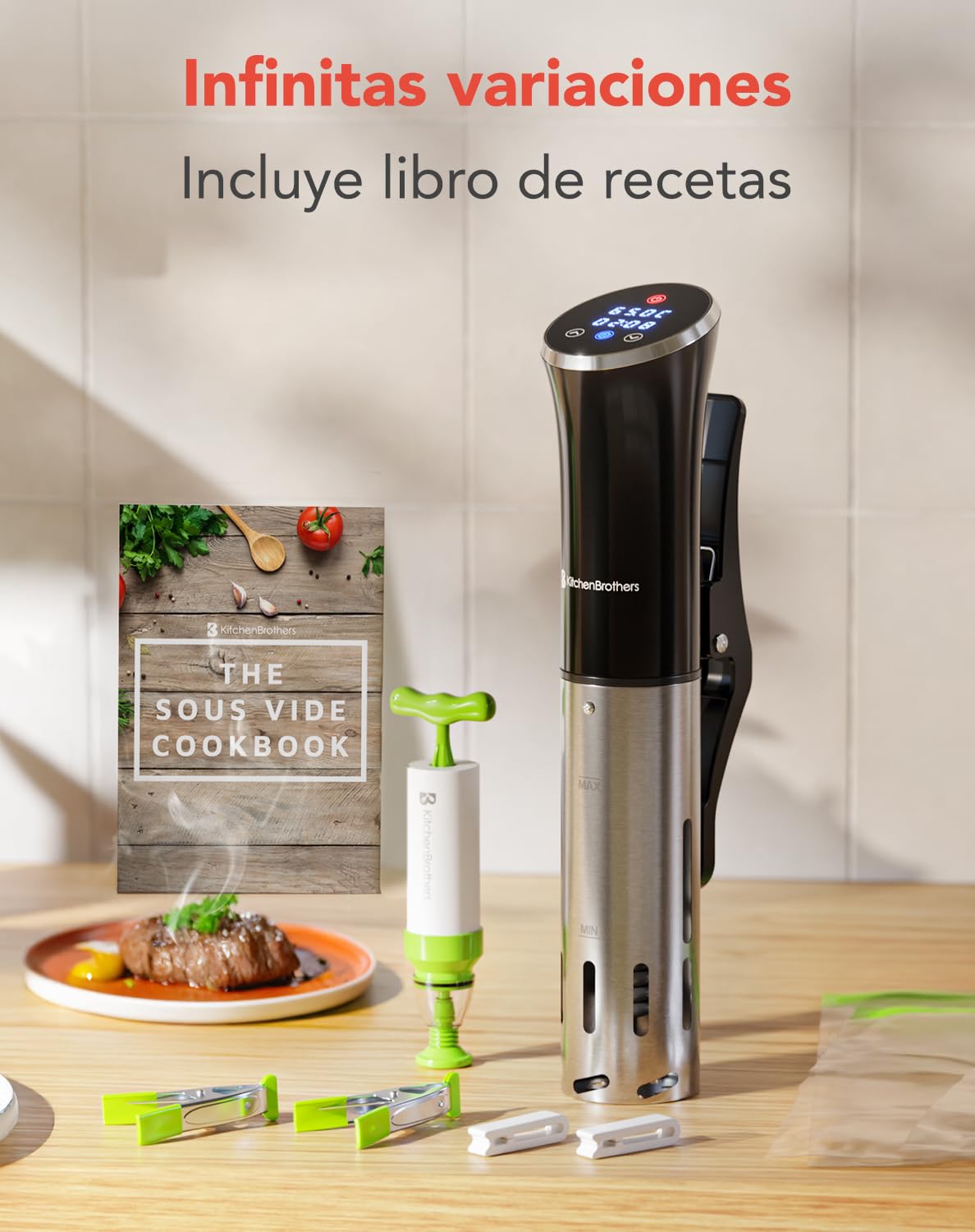 KitchenBrothers Sous Vide - Roner Cocina Baja Temperatura - Electrodomesticos y Accesorios de Cocina - Completo con Libro - 0 a 95℃, Ajustable en 0,2℃ - 1200W (Negro con accesorios)