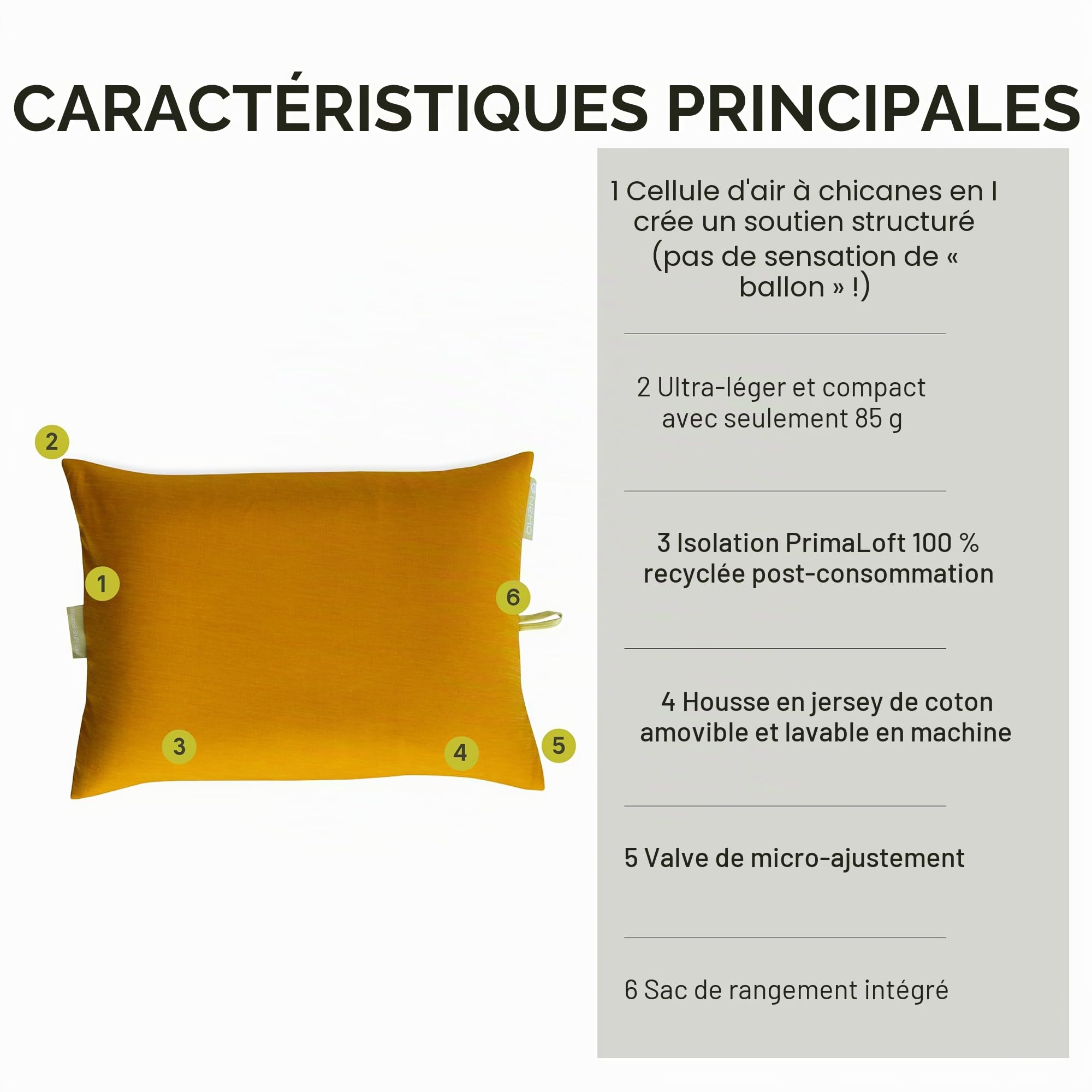 Nemo Fillo Elite Oreiller Gonflable Ultra léger pour Voyage, randonnée et Camping, Mangue/Citron