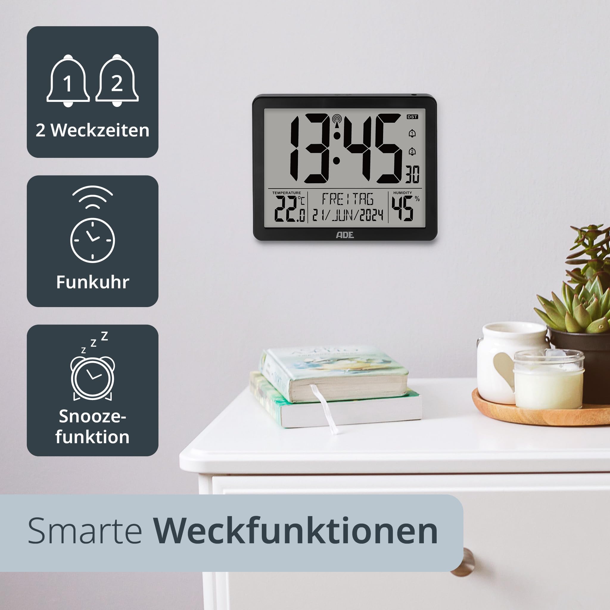 ADE Digitale XL-Funkuhr mit sehr großen Ziffern | Tischuhr Wanduhr mit 2 Weckzeiten und Beleuchtung | Thermometer Hygrometer | schmaler Rahmen in matt schwarz