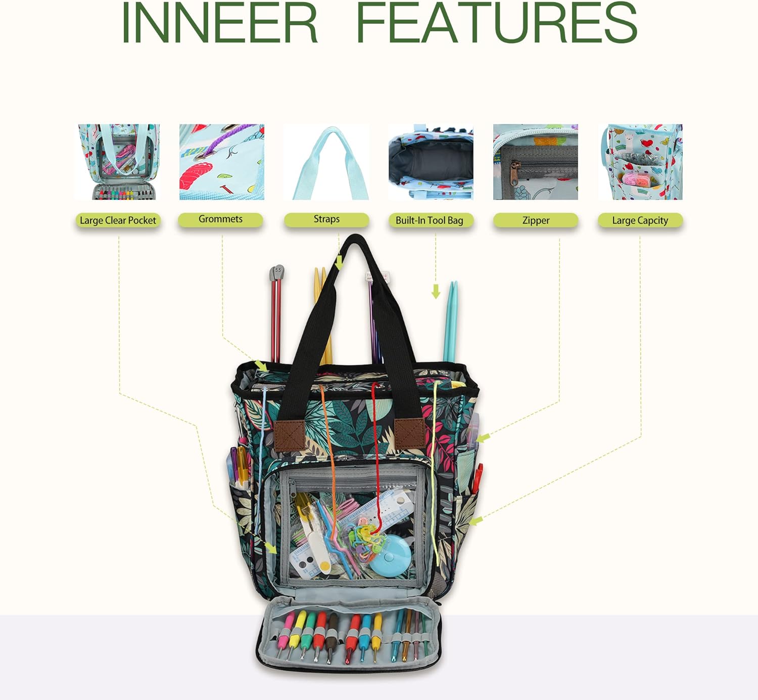 LOOEN Yarn Knitting Storage Tote-Large Capacity Crochet Organizer Portable Travel Bag with Shoulder Strap Crochet Hooks Case for Unfinished Bulk Project