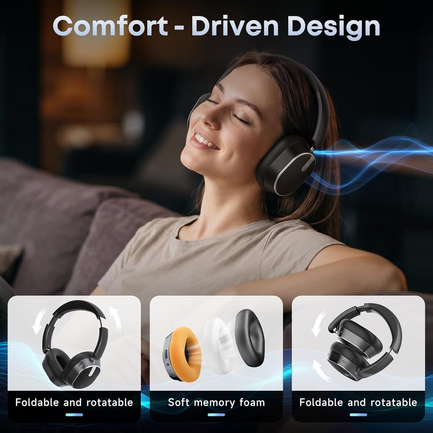 Bluetooth-Kopfhörer mit hybrider aktiver Geräuschunterdrückung, Kabellose Over-Ear-Kopfhörer mit Bluetooth 6.0, 120 Stunden Akkulaufzeit, Hi-Res-Audio, Kraftvollen Bässen und Ohrpolstern aus