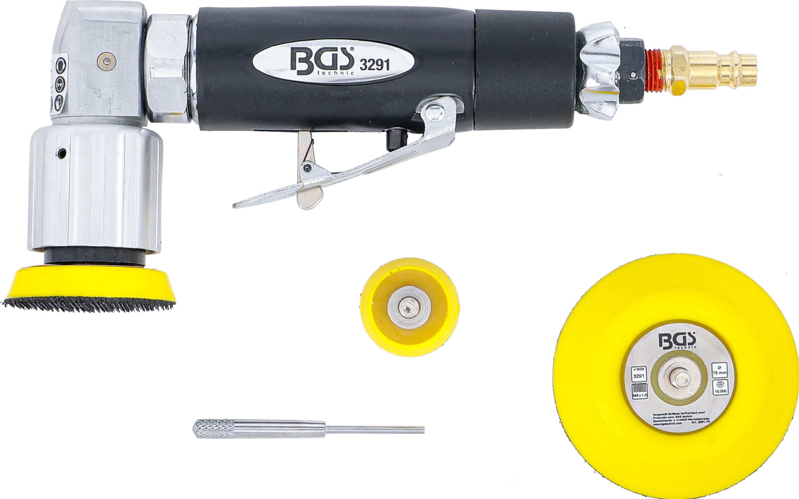 BGS 3291 | Lijadora / pulidora angular excéntrica neumática | M6 x 1,0 vástago | máx. 14000 rpm ajustable | presión de funcionamiento 6,2 bar | consumo de aire Ø 122 l/min