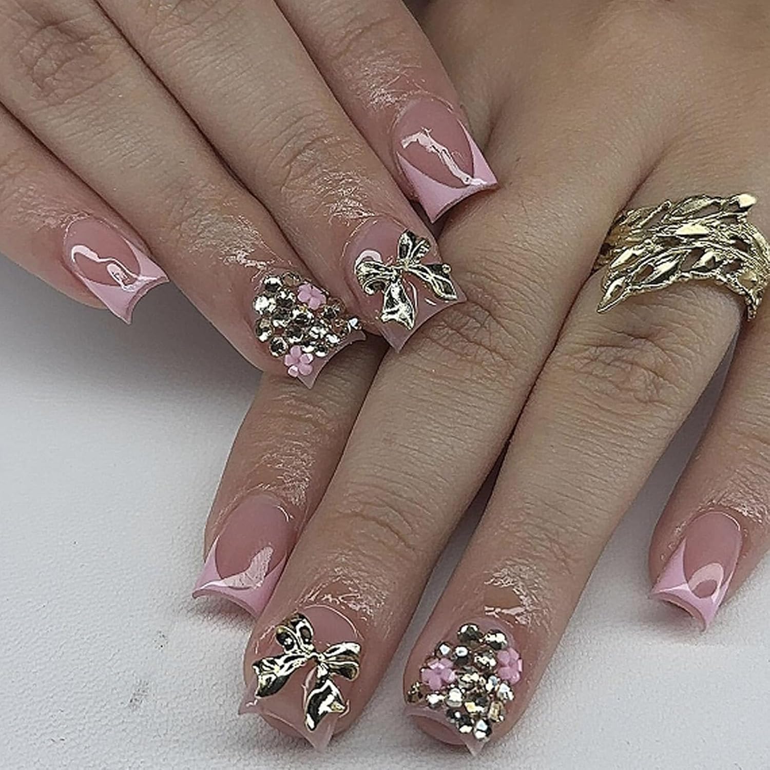 Short Press on Nails Pink French Tip - 3D Bow Flower Design