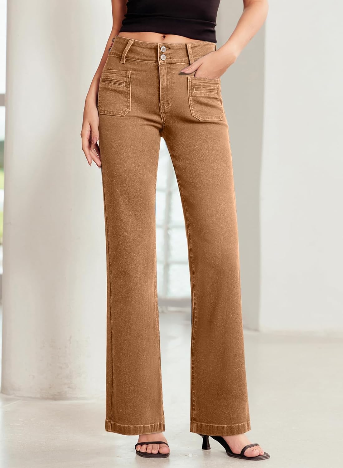 Sidefeel Women's Wide Leg Jeans High Waisted Tummy Control Stretchy Pockets Front Straight Leg Jeans - Image 5