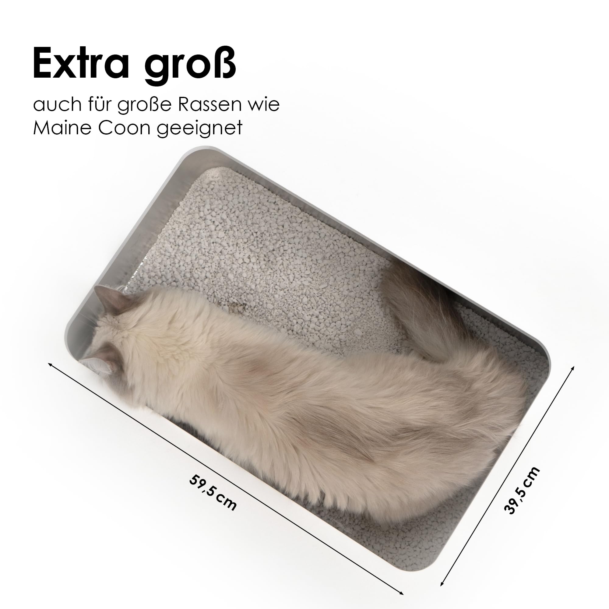 LucyBalu® Caja de arena para gatos de acero inoxidable de STEELOO, XXL, sin tapa, con entrada superior, higiénica, inodora y fácil de limpiar, 59,5 x 39,5 x 15,5 cm, color blanco