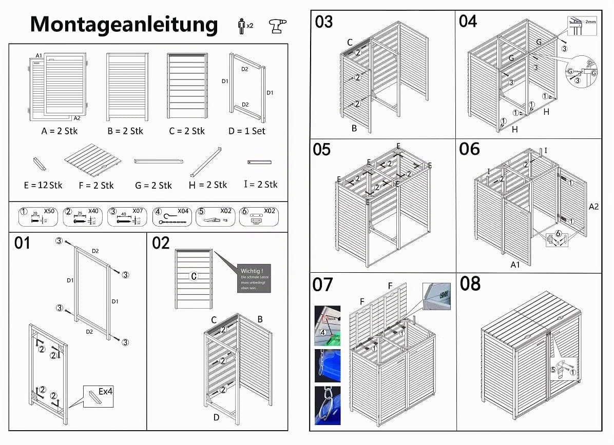 Mülltonnenbox 2 Tonnen Mülltonnenverkleidung Mülltonnecontainer Holz Natur 240L vormontiert mit Rückwand Adr.