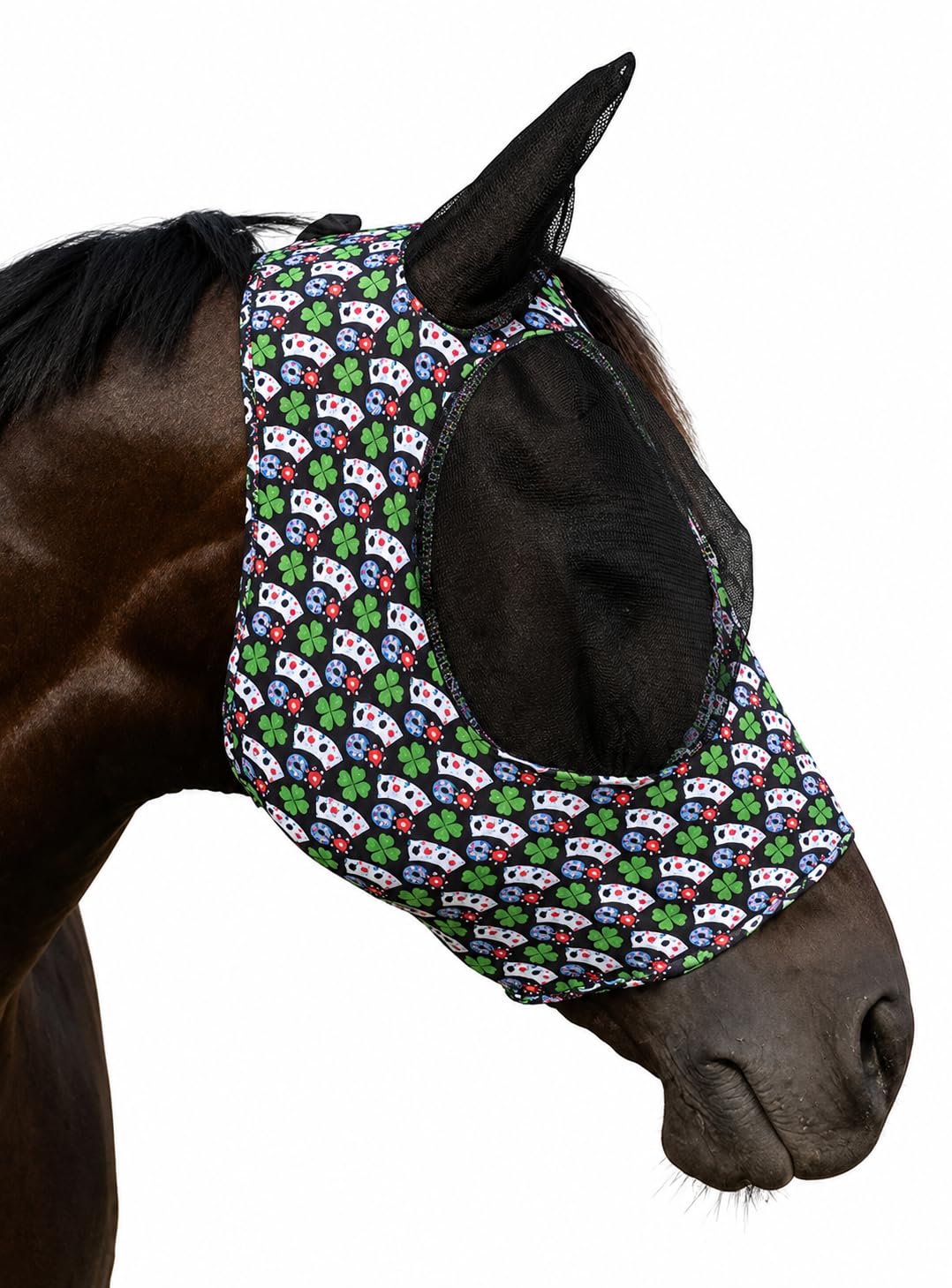 Fliegenmaske Pferd ohne Klett – enganliegend & rutschfest – mit Ohrenschutz – Comfort Fit Poker Design Größe M (Cob/Vollblut)