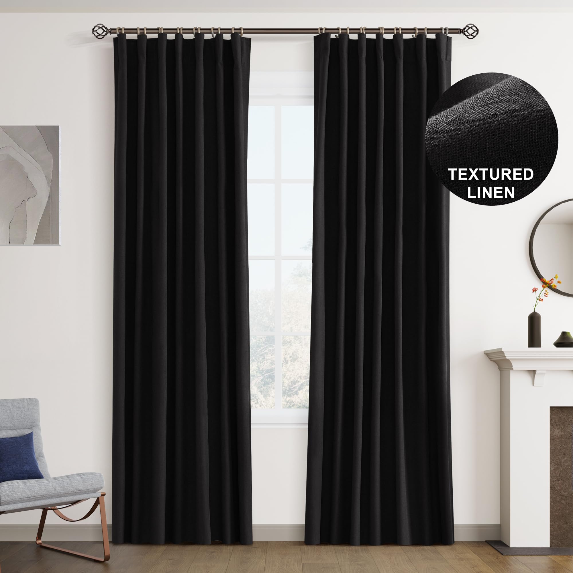 Joywell 100% Blackout Linen Curtains 90 Inches Length Long, Rod Pocket/Back Tab/Hook Belt/Clip Rings, Noise Blocking Out Room Darkening Drapes for Bedroom Living Room (2 Panels,W52 x L90,Black)