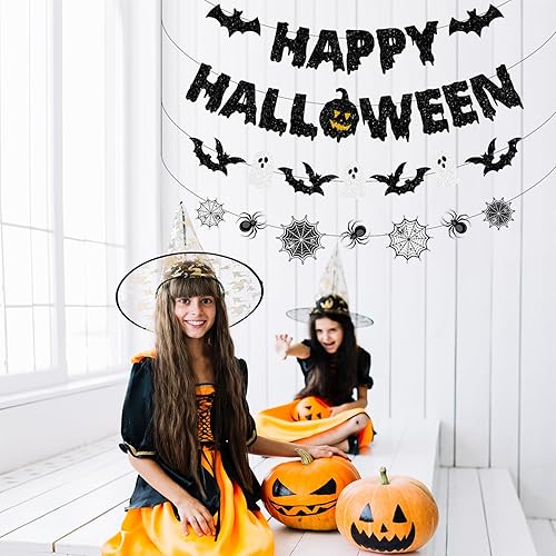 Miniatura 2 de Cartel de Feliz Halloween, decoración de telaraña sin bricolaje, guirnalda de murciélagos, guirnalda de murciélagos, pancarta de Halloween con