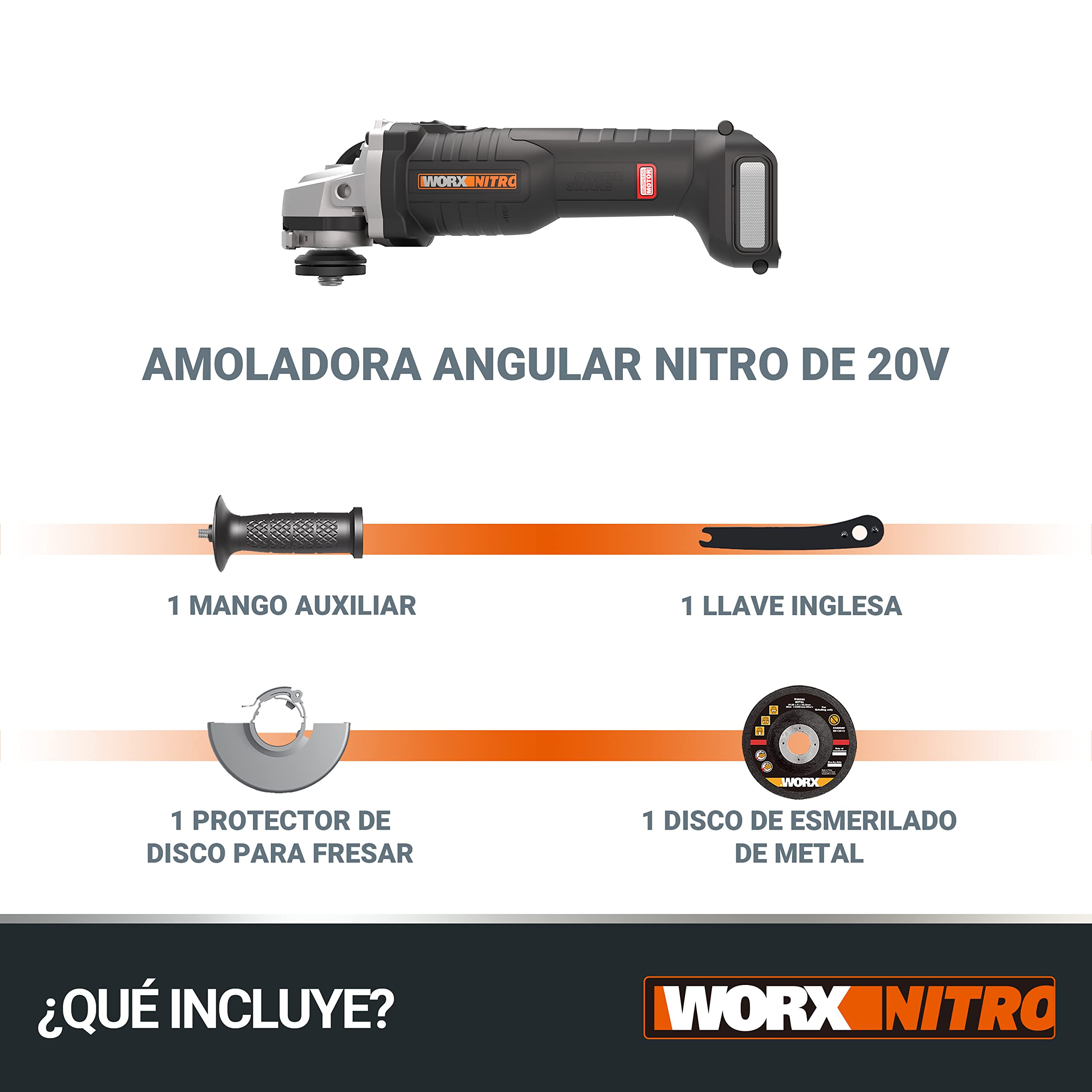 WORX Amoladora Brushless a batería 125mm 20V Máx. | PowerShare | WX812.9 | No incluye batería ni cargador | Motor sin escobillas | Cuerpo delgado para un mejor agarre