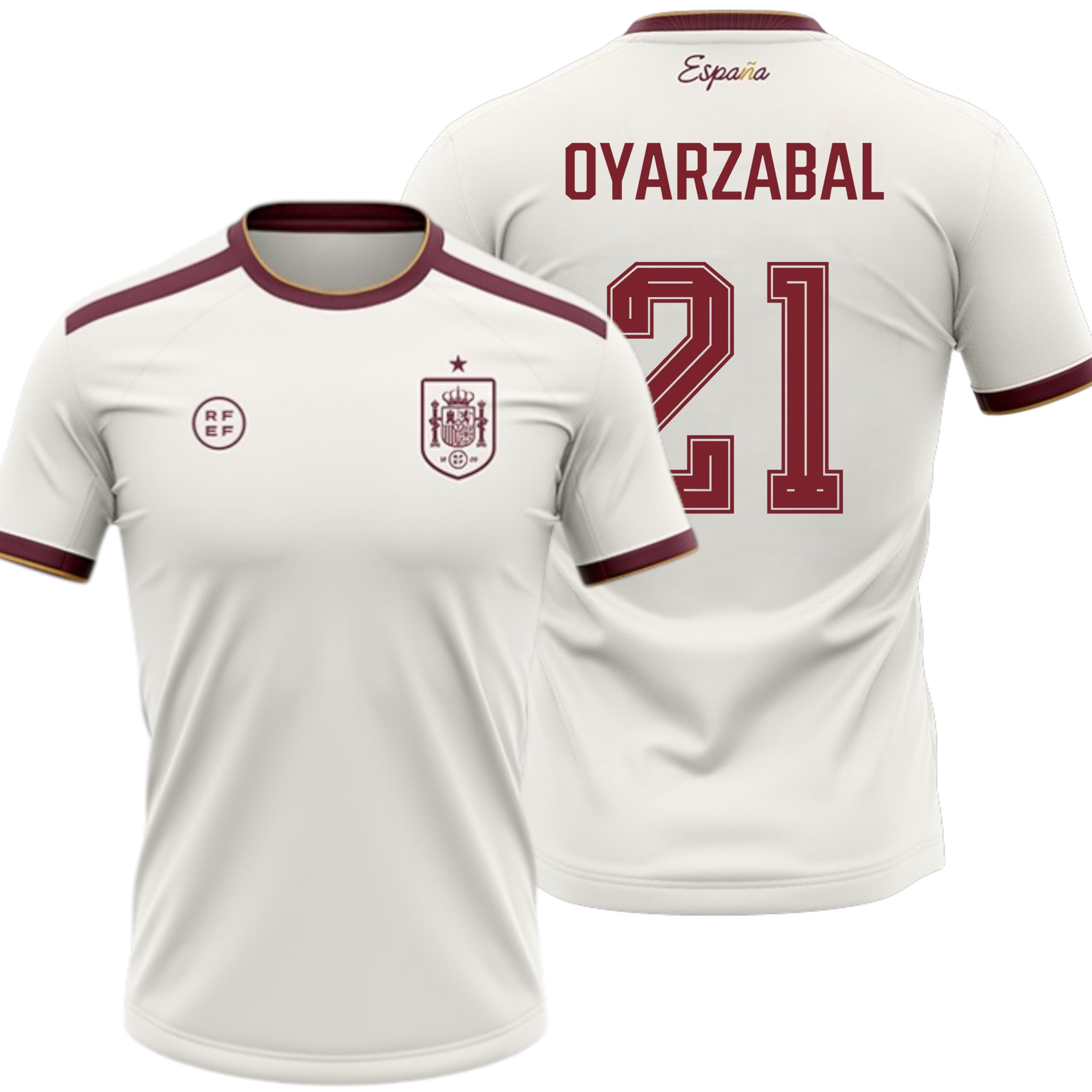 Camiseta España 2026-2028 | Oyarzabal 21 Dorsal y Nombre | Color Blanco con Detalles Granate | Manga Corta | Diseño Futbol Aficionados | Tejido Transpirable Deportivo