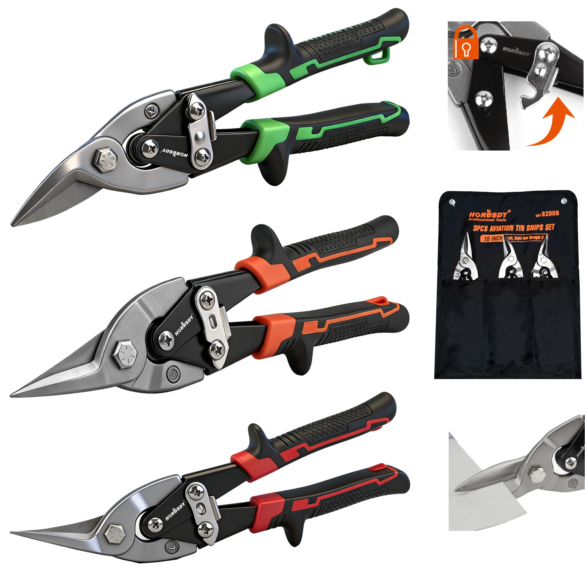 HORUSDY 3 Pack Aviation Tin Snips Set, 10 Inch Metal Straight Cut