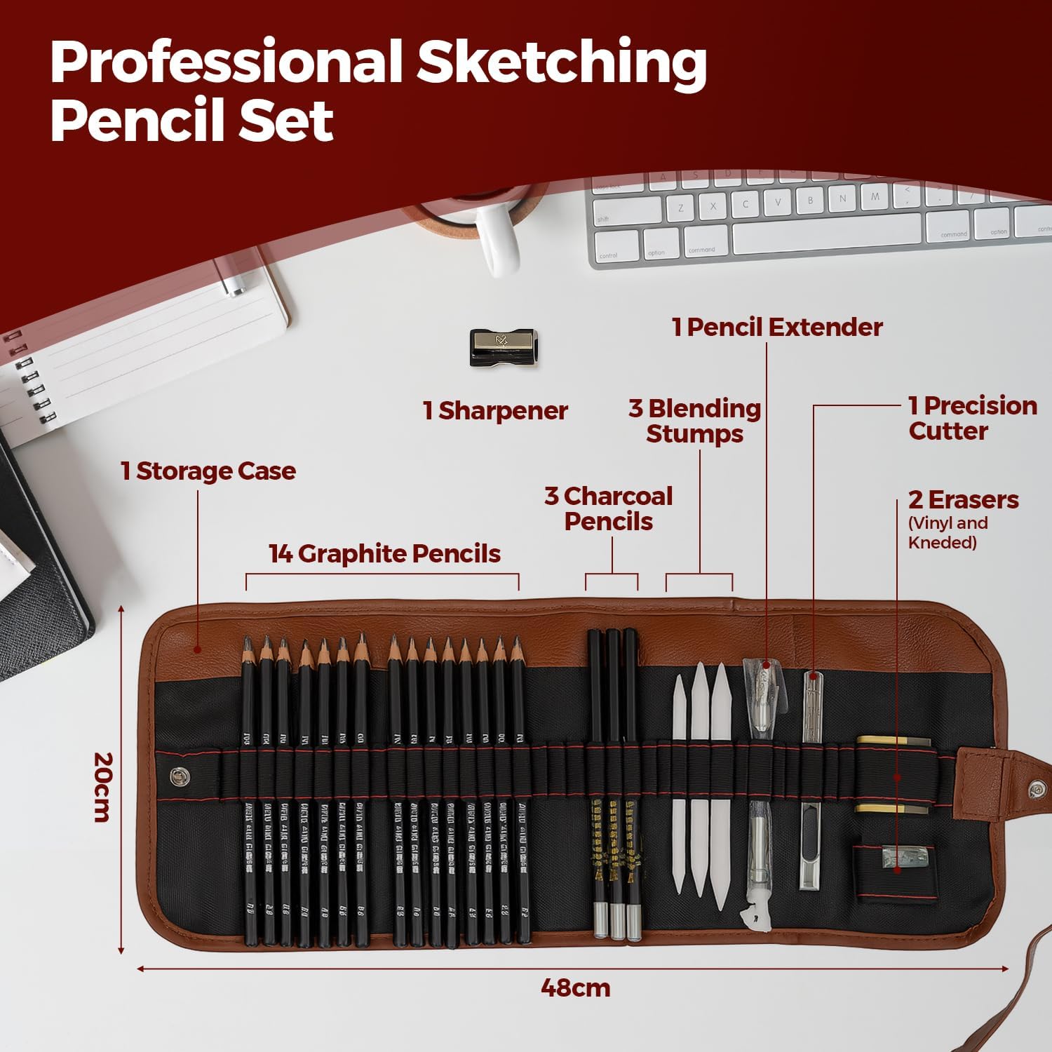 AOLDHYY Sketching Pencil Set, 24 Pcs Graphite Drawing Pencil for Artists Adults Children Include 12B 10B 8B 7B 6B 5B 4B 3B 2B B HB 2H 4H 6H Pencils, Charcoal Pencils, Canvas Pencil Bag and Accessories